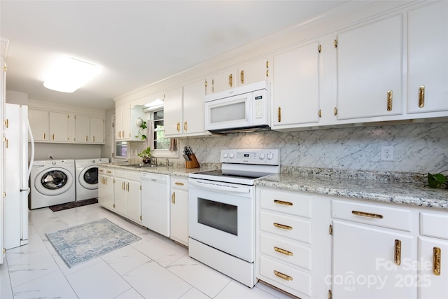 846 Gist Rd, Rock Hill, SC 29732 - kitchen featuring decorative backsplash, marble finish floor, washing machine and dryer, white appliances, and a sink