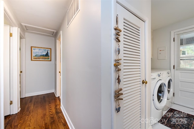 846 Gist Rd, Rock Hill, SC 29732 - laundry room with laundry area, attic access, baseboards, dark wood-type flooring, and visible vents