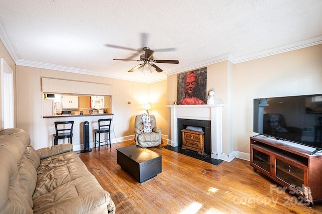 310 1st St NE, Hickory, NC 28601 - living room with wood finished floors, ornamental molding, baseboards, and ceiling fan