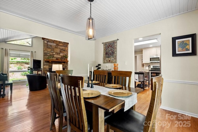 dining space featuring wooden ceiling, wood finished floors, and baseboards