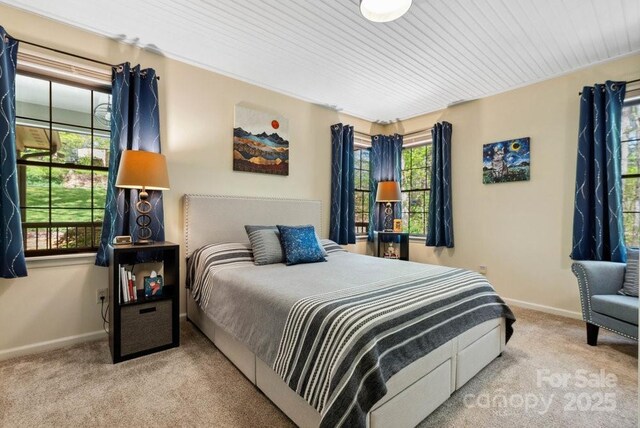 bedroom with multiple windows, carpet flooring, and baseboards