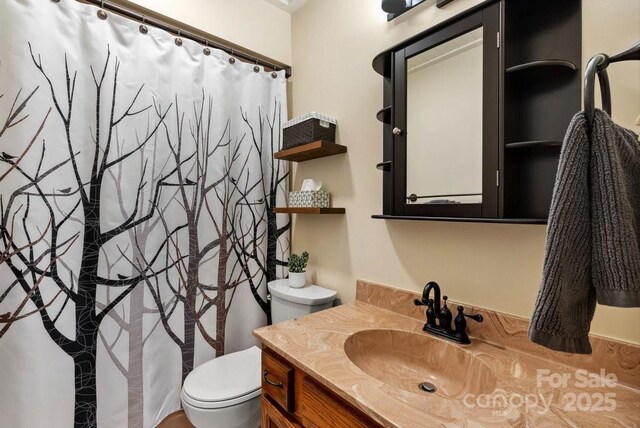 full bathroom featuring toilet, curtained shower, and vanity