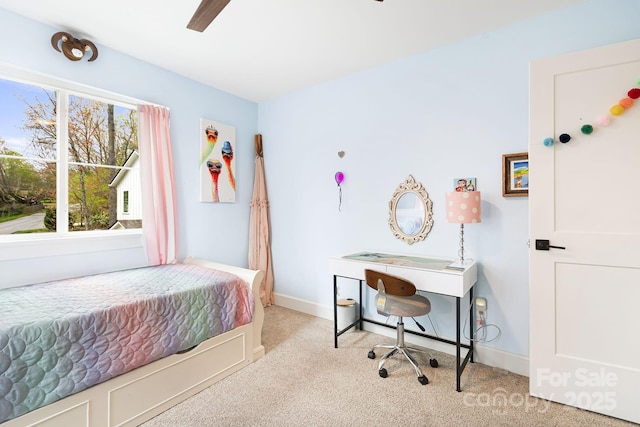 bedroom featuring carpet floors, baseboards, and ceiling fan