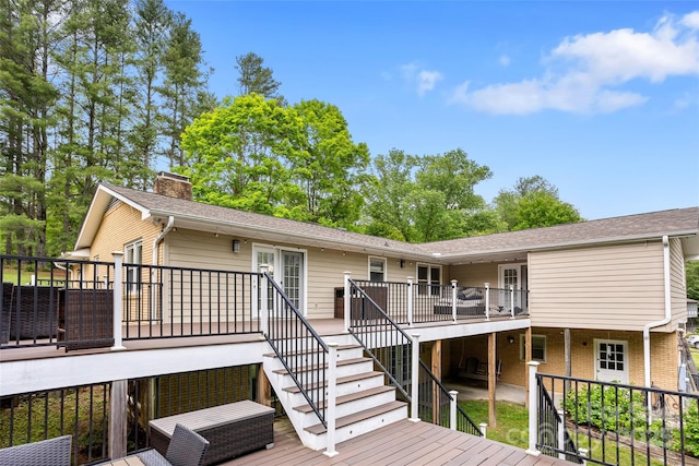 159 Amble Ln, Fletcher, NC 28732 - back of property featuring stairway, roof with shingles, a wooden deck, and a chimney