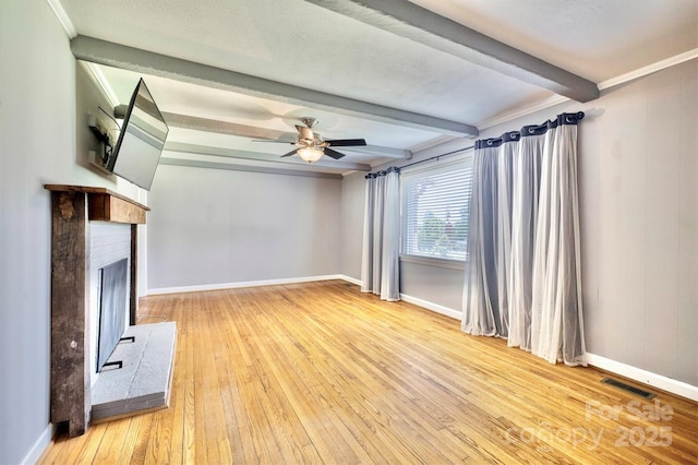 4897 Calico Rd, Lenoir, NC 28645 - unfurnished living room with beamed ceiling, light wood-style floors, ceiling fan, and a fireplace
