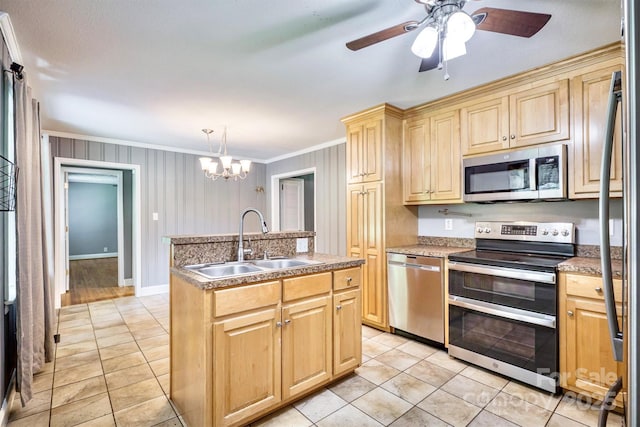 4897 Calico Rd, Lenoir, NC 28645 - kitchen featuring stainless steel appliances, ornamental molding, a center island with sink, light tile patterned floors, and light brown cabinets