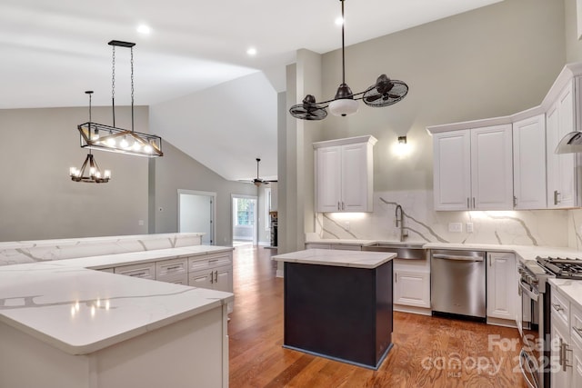 20 Brookstone Pl, Candler, NC 28715 - kitchen featuring appliances with stainless steel finishes, a spacious island, wood finished floors, white cabinetry, and high vaulted ceiling