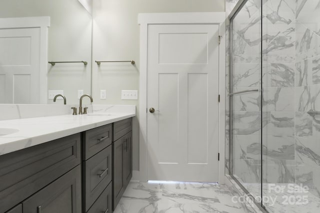 20 Brookstone Pl, Candler, NC 28715 - full bathroom featuring marble look tiles, a marble finish shower, and double vanity