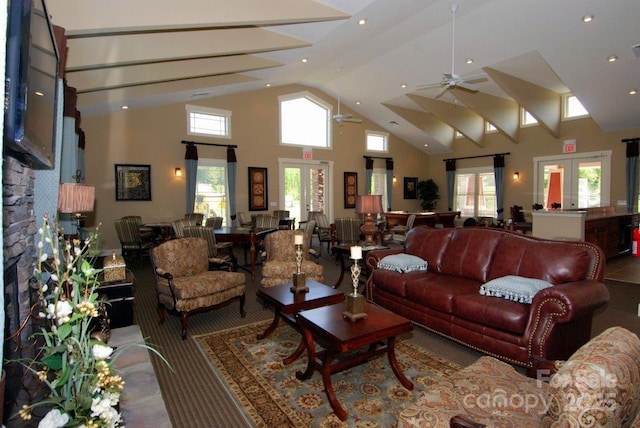 20 Brookstone Pl, Candler, NC 28715 - living room with ceiling fan, high vaulted ceiling, plenty of natural light, and french doors