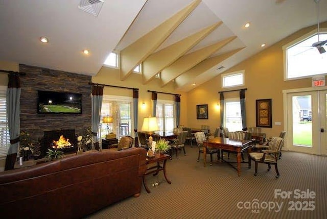 20 Brookstone Pl, Candler, NC 28715 - carpeted living room with high vaulted ceiling and a fireplace