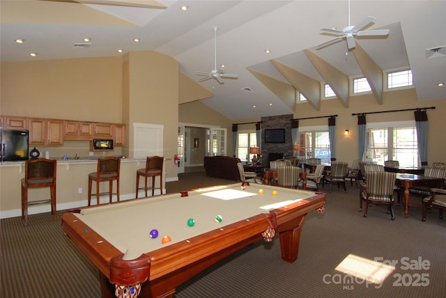 20 Brookstone Pl, Candler, NC 28715 - playroom with carpet, high vaulted ceiling, ceiling fan, and billiards