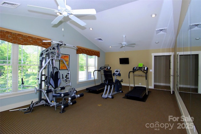 20 Brookstone Pl, Candler, NC 28715 - workout area featuring a ceiling fan, lofted ceiling, carpet flooring, and recessed lighting