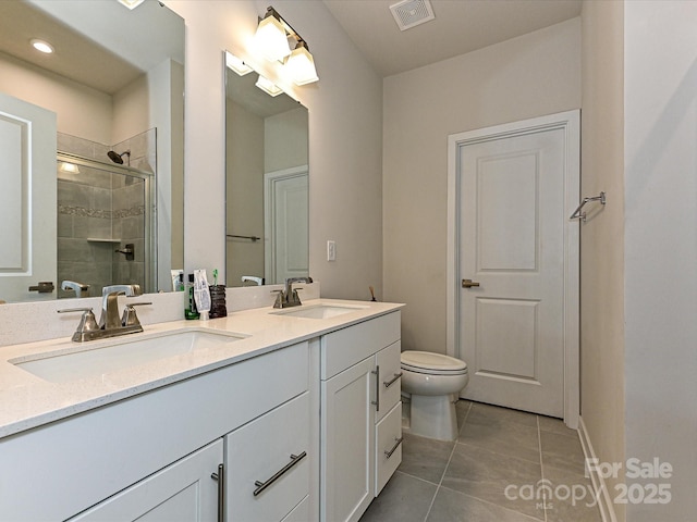 bathroom featuring tile patterned floors, visible vents, a shower stall, and a sink