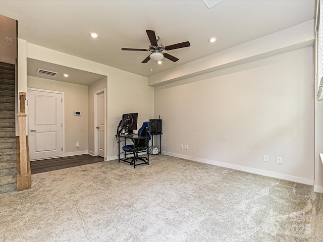 carpeted home office with recessed lighting, visible vents, ceiling fan, and baseboards