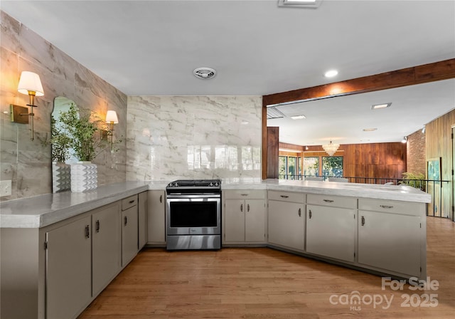 916 E Park Dr, Lincolnton, NC 28092 - kitchen with stainless steel stove, a peninsula, light countertops, and light wood finished floors