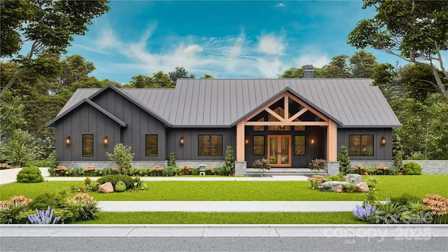 view of front of property featuring board and batten siding, french doors, a front lawn, and metal roof