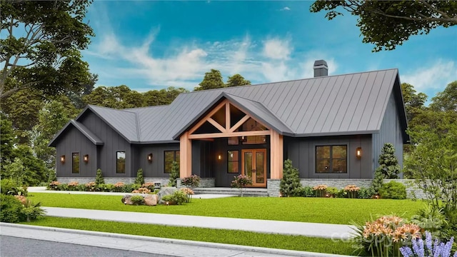 modern farmhouse style home featuring a chimney, french doors, board and batten siding, and a front lawn