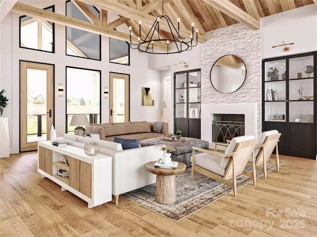 living area with an inviting chandelier, light wood-style flooring, beam ceiling, and high vaulted ceiling