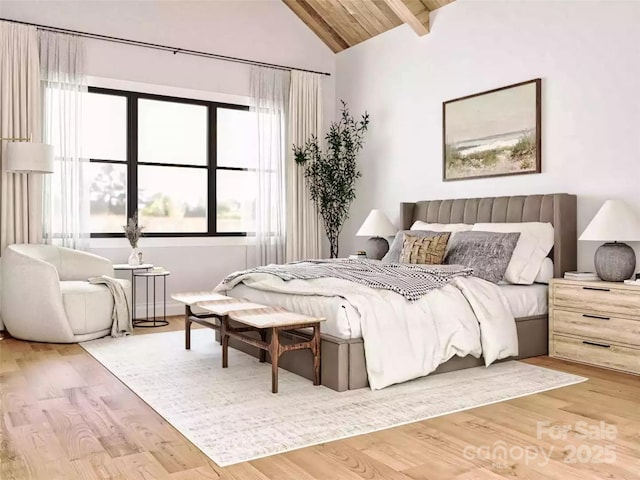 bedroom featuring high vaulted ceiling, wood finished floors, and beamed ceiling