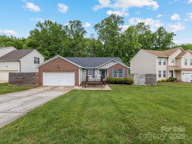 single story home with a front lawn, driveway, brick siding, an attached garage, and fence