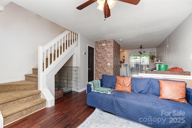 1766 Forest Side Ln, Charlotte, NC 28213 - living area featuring a ceiling fan, hardwood / wood-style flooring, stairway, and a textured ceiling