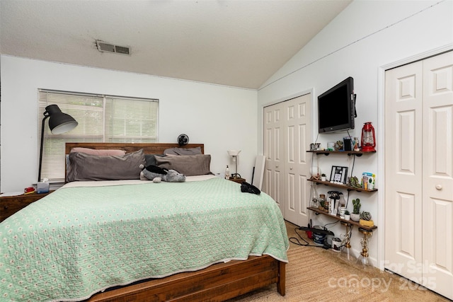 1766 Forest Side Ln, Charlotte, NC 28213 - carpeted bedroom featuring visible vents, lofted ceiling, and two closets