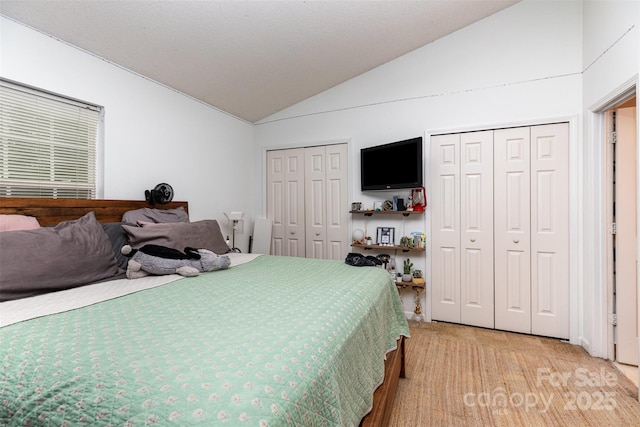 1766 Forest Side Ln, Charlotte, NC 28213 - bedroom with multiple closets, light carpet, and vaulted ceiling