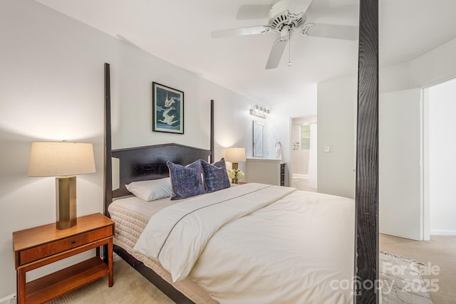 9012 Saint Thomas Ln, Charlotte, NC 28277 - bedroom with ceiling fan, connected bathroom, and light carpet