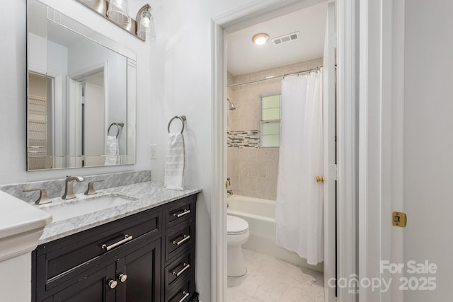 9012 Saint Thomas Ln, Charlotte, NC 28277 - full bathroom with visible vents, shower / bath combination with curtain, toilet, vanity, and marble finish floor