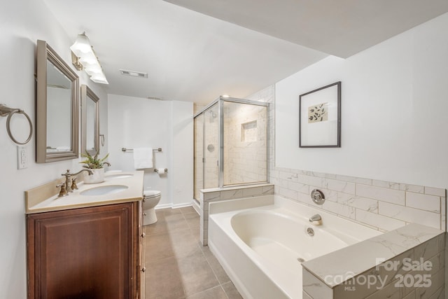 9012 Saint Thomas Ln, Charlotte, NC 28277 - full bathroom with visible vents, a bath, toilet, tile patterned floors, and a stall shower