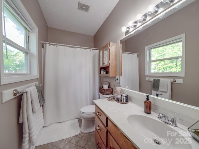 215 6th St, Belmont, NC 28012 - bathroom featuring vanity, tile patterned flooring, toilet, a shower with curtain, and a textured ceiling
