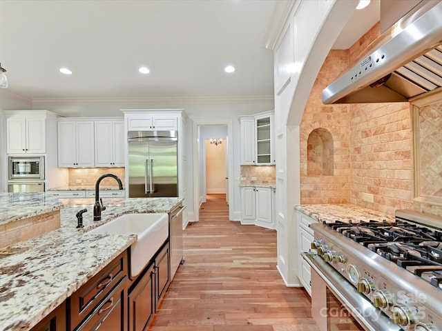 kitchen with white cabinets, under cabinet range hood, backsplash, a sink, and built in appliances