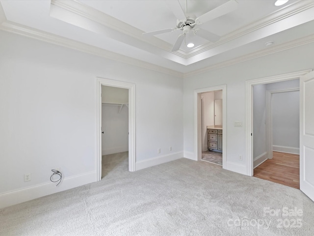 unfurnished bedroom featuring a spacious closet, a tray ceiling, ornamental molding, baseboards, and carpet flooring