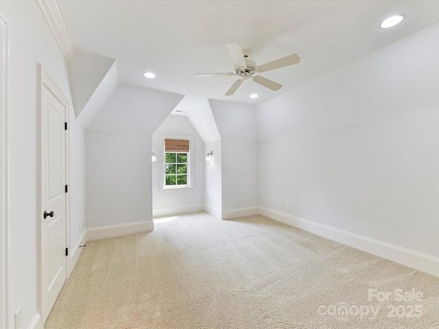 bonus room featuring recessed lighting, carpet floors, a ceiling fan, and baseboards