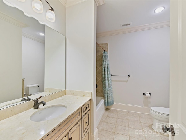 full bathroom featuring crown molding, visible vents, tile patterned flooring, and toilet