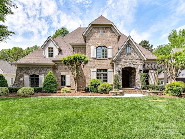 french country inspired facade featuring brick siding, roof with shingles, stone siding, and a front lawn