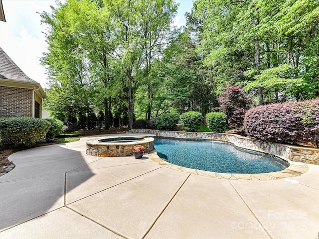 outdoor pool featuring a patio and an in ground hot tub