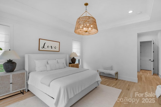 2165 Country Club Rd, Lincolnton, NC 28092 - bedroom with wood finished floors, a chandelier, baseboards, ornamental molding, and recessed lighting
