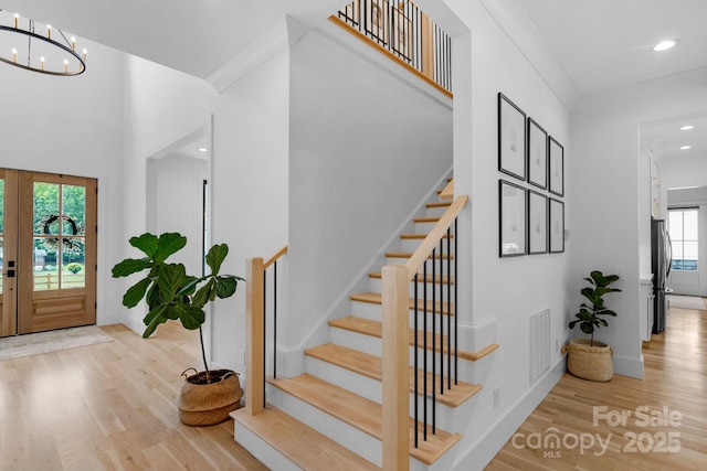 2165 Country Club Rd, Lincolnton, NC 28092 - entryway featuring stairway, wood finished floors, an inviting chandelier, baseboards, and recessed lighting