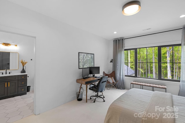 2165 Country Club Rd, Lincolnton, NC 28092 - bedroom with light carpet, a sink, visible vents, recessed lighting, and radiator heating unit