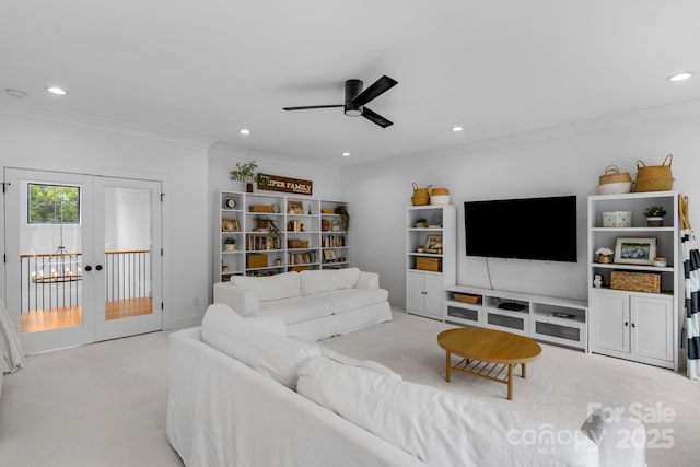 2165 Country Club Rd, Lincolnton, NC 28092 - living area featuring ornamental molding, carpet floors, recessed lighting, and ceiling fan