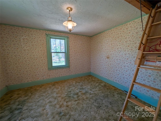 carpeted spare room with baseboards and a textured ceiling