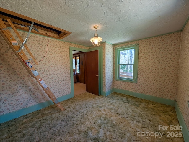 interior space featuring plenty of natural light, carpet flooring, and a textured ceiling