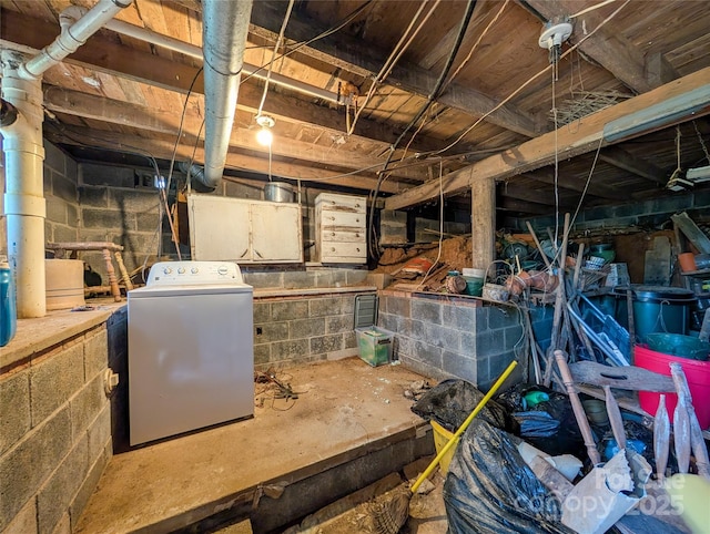 unfinished below grade area with washer / dryer