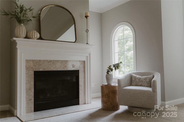 sitting room with carpet flooring, a premium fireplace, baseboards, and ornamental molding