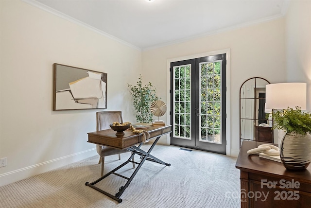 2001 Arundale Ln, Matthews, NC 28104 - carpeted office space featuring french doors, ornamental molding, baseboards, and visible vents