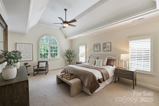 2001 Arundale Ln, Matthews, NC 28104 - bedroom with ceiling fan, visible vents, light colored carpet, baseboards, and lofted ceiling