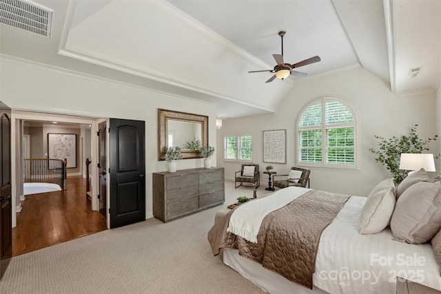 2001 Arundale Ln, Matthews, NC 28104 - carpeted bedroom featuring a ceiling fan, lofted ceiling, and visible vents