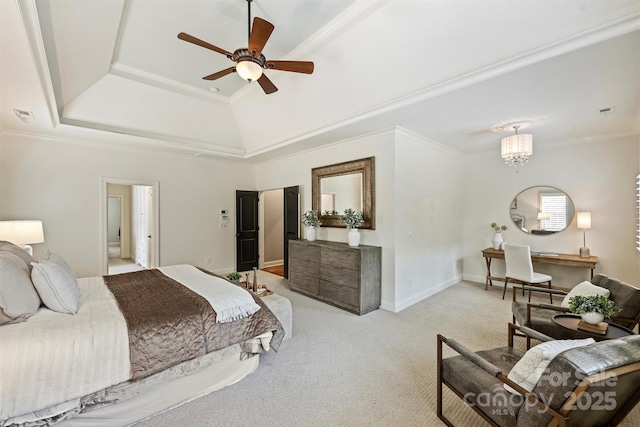 2001 Arundale Ln, Matthews, NC 28104 - bedroom featuring light carpet, ceiling fan with notable chandelier, baseboards, a tray ceiling, and visible vents