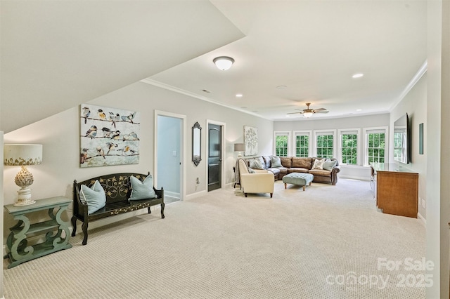 2001 Arundale Ln, Matthews, NC 28104 - carpeted living room featuring crown molding, baseboards, and ceiling fan